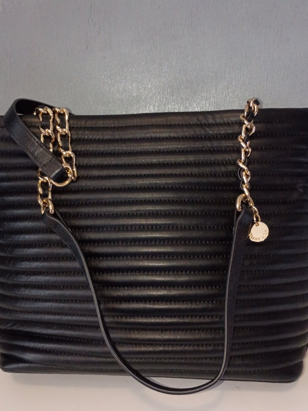 Black Quilted Tote with Gold Chain Straps